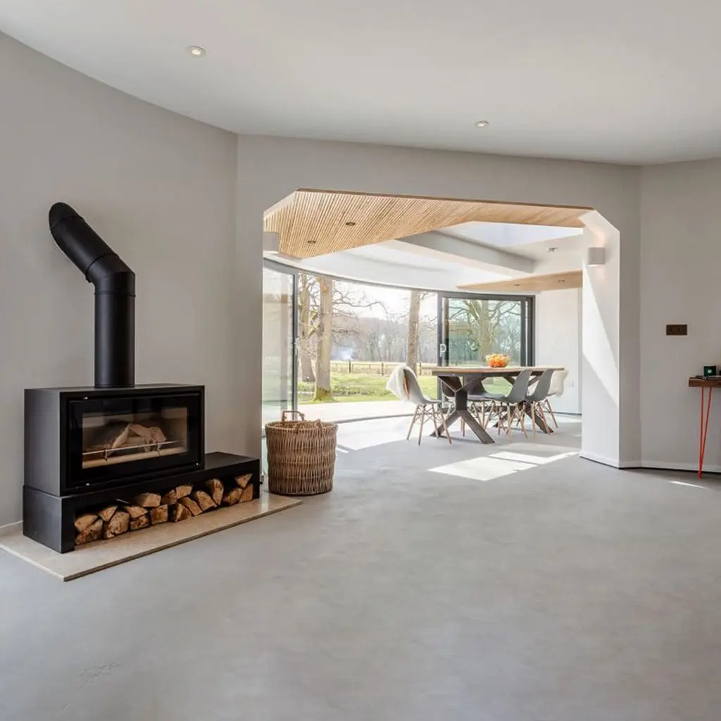 Seamless poured resin floor in an open plan living space