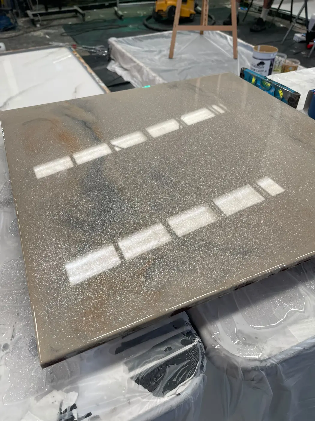 Champagne glitter resin sample board made up before the pour